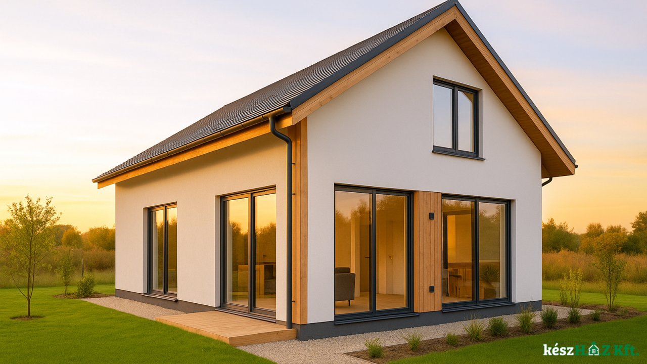 Modern, könnyűszerkezetes készház külső látképe naplementében, nagy üvegfelületekkel és rendezett kerttel.