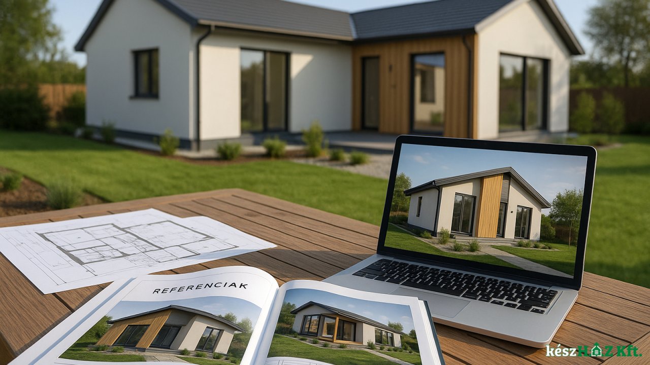 Ügyfél és kivitelező közösen nézik a készház alaprajzát egy tervezőasztalon, háttérben laptopon 3D házmodell.