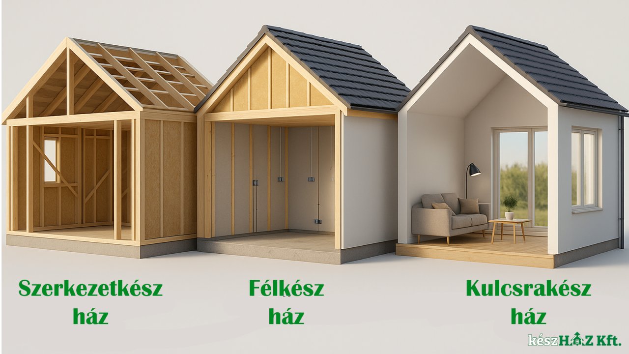 Három készház-metszet egymás mellett: szerkezetkész favázas fal, félkész gipszkartonozott szerkezet és kulcsrakész berendezett belső tér.