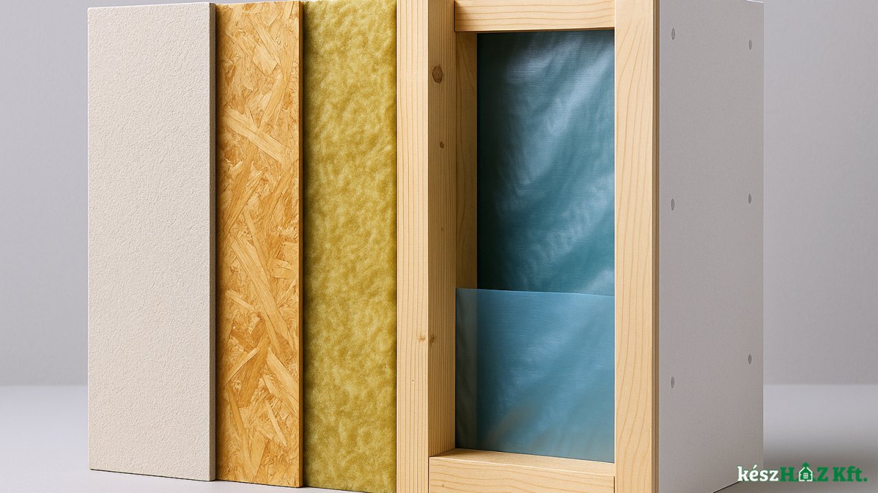 Készház fal rétegrendjének fotórealisztikus metszete: külső vakolat, OSB lap, ásványgyapot szigetelés, párazáró fólia és gipszkarton belső burkolat.