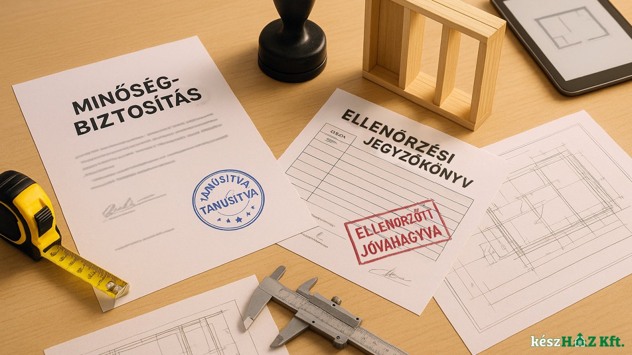 Minőségbiztosítási dokumentumok, ellenőrzési jegyzőkönyv, fa falpanel-makett és mérőeszközök egy asztalon, magyar pecsétekkel.