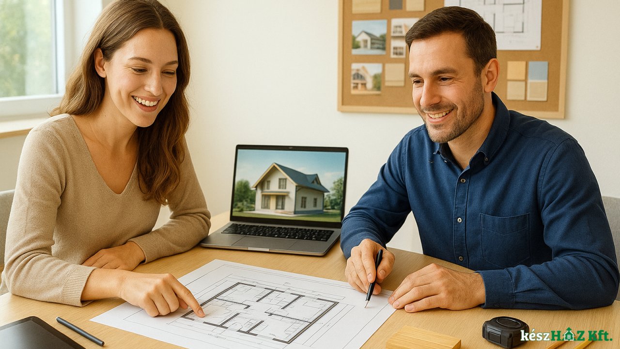 Ügyfél és tervező közösen egyeztetnek egy készház alaprajzáról, laptopon 3D házmodellel, háttérben moodboarddal.