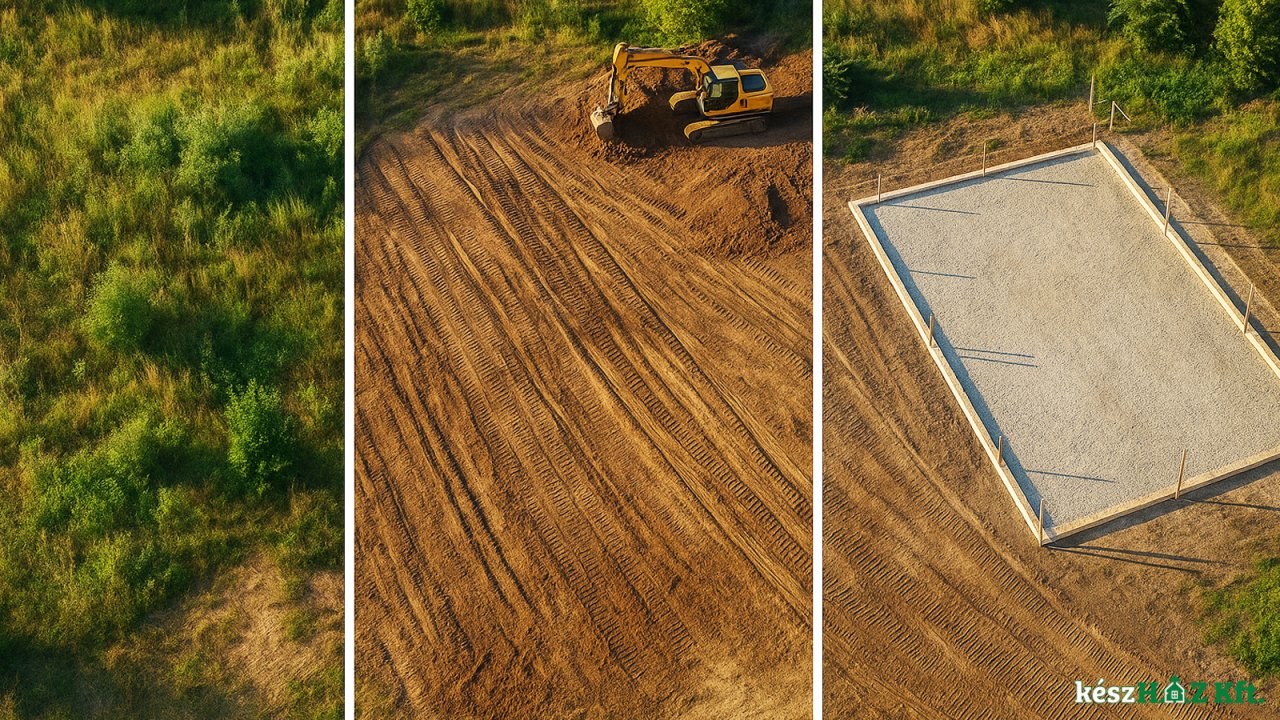 Építési telek három állapotban drónnézetből: rendezetlen terület, földmunkák folyamatban és alapozásra előkészített, tömörített kavicságy.